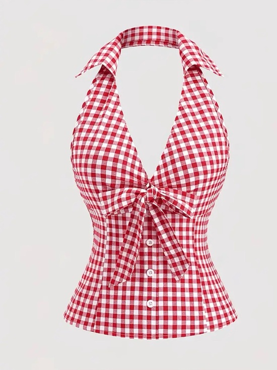 Tops - Red & White Gingham Plaid Halter Bow Tie-Front Top New Boutique